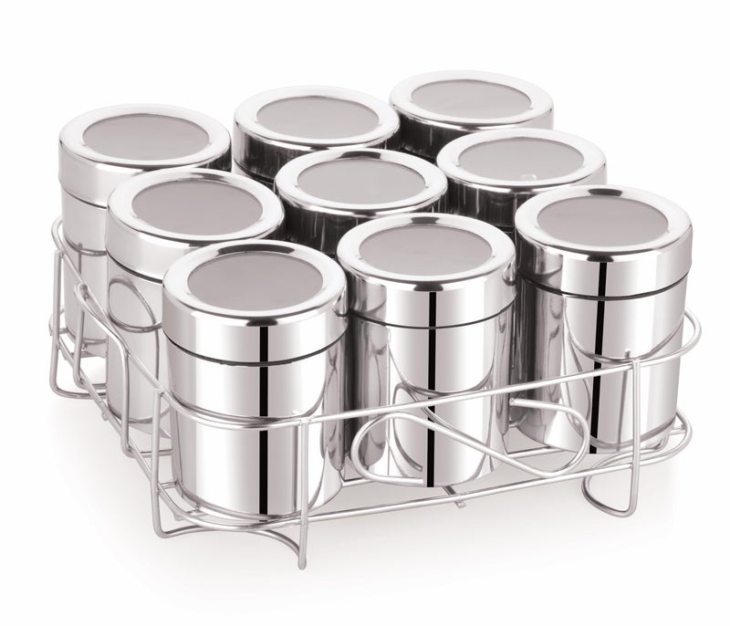 STEEPLE 9 Square Stainless Steel Spice Box | Masala Box For Kitchen | Organiser With 9 Compartment, Popula Dabba, Square Masala Dani For Kitchen, Rust Resistant See-Through Lid, Silver - Image 1