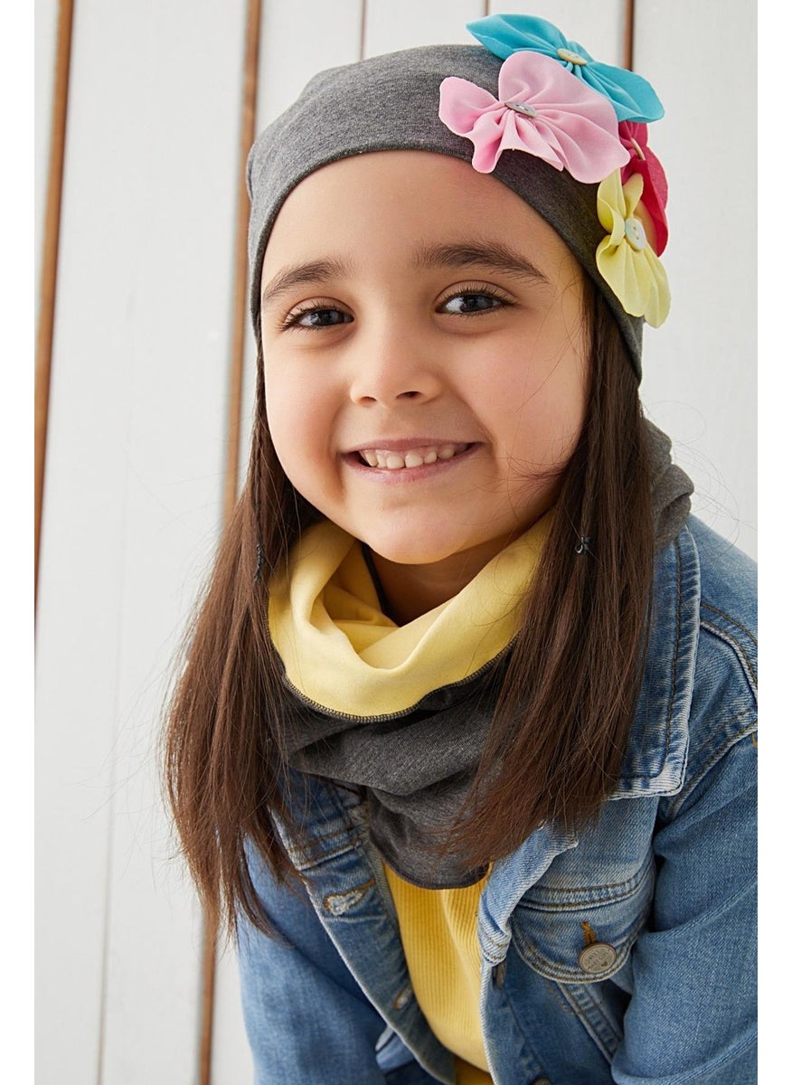 Babygiz - 100% Cotton Natural Soft Double Layer Combed Cotton Smoked Floral Girl's Baby Beanie Neck Collar Set - Image 1