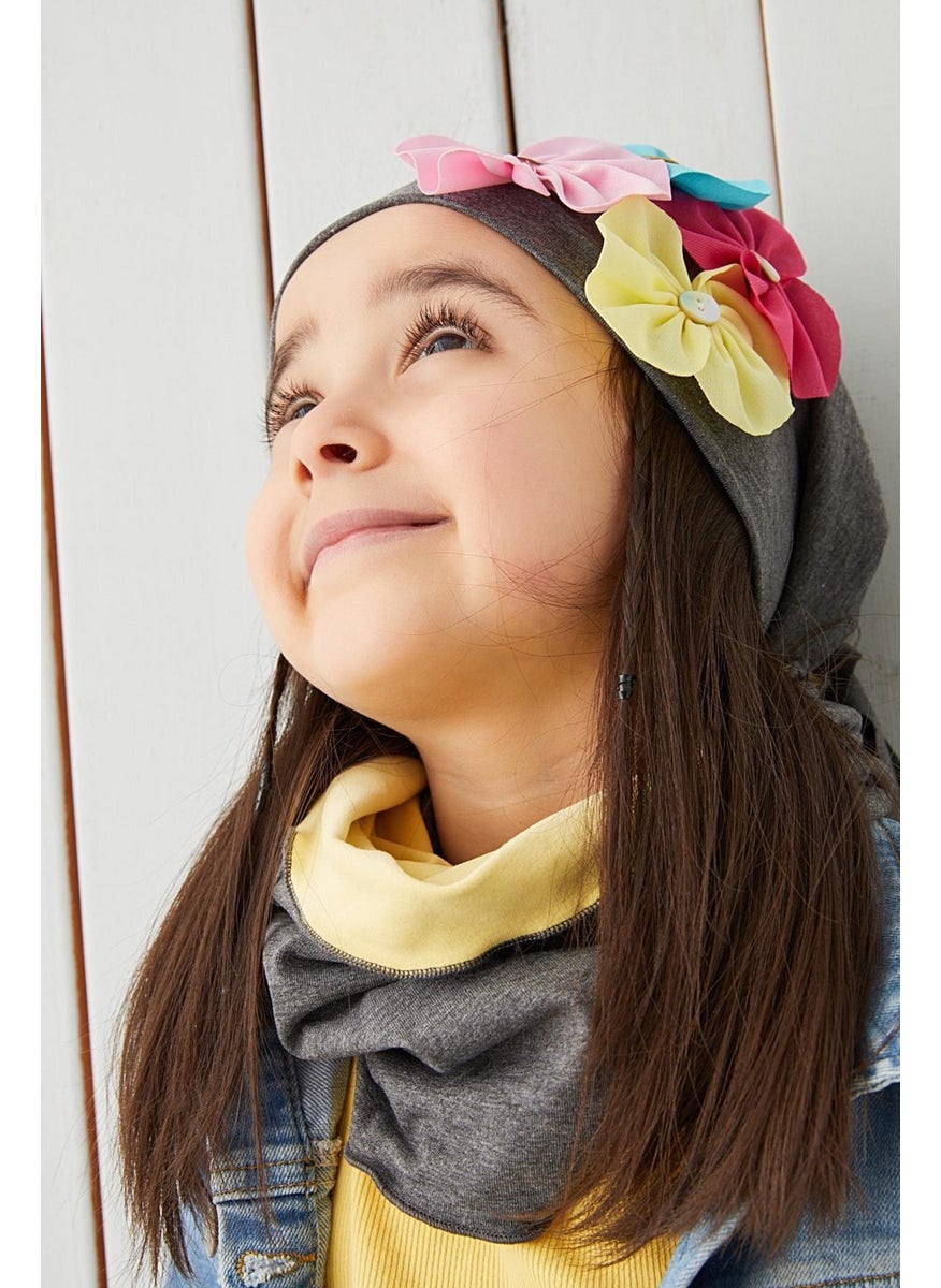 Babygiz - 100% Cotton Natural Soft Double Layer Combed Cotton Smoked Floral Girl's Baby Beanie Neck Collar Set - Image 1
