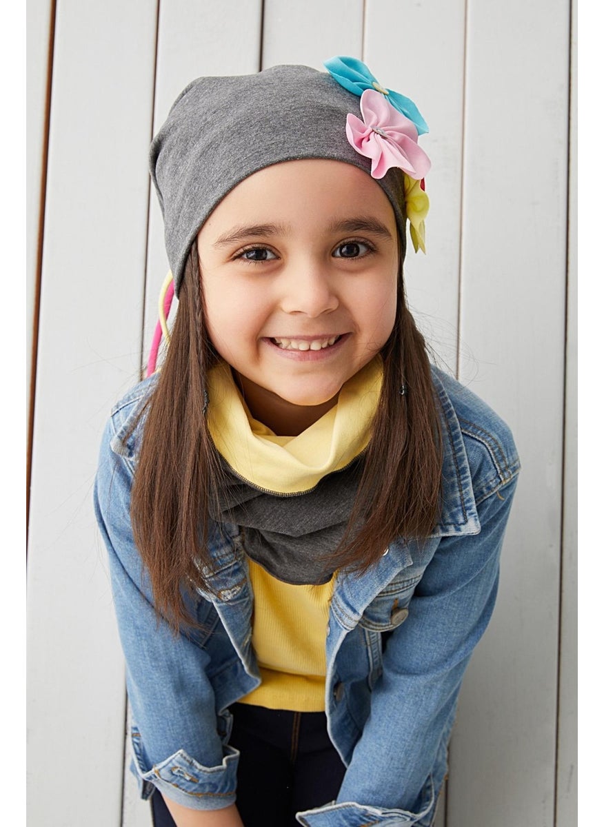 Babygiz - 100% Cotton Natural Soft Double Layer Combed Cotton Smoked Floral Girl's Baby Beanie Neck Collar Set - Image 1