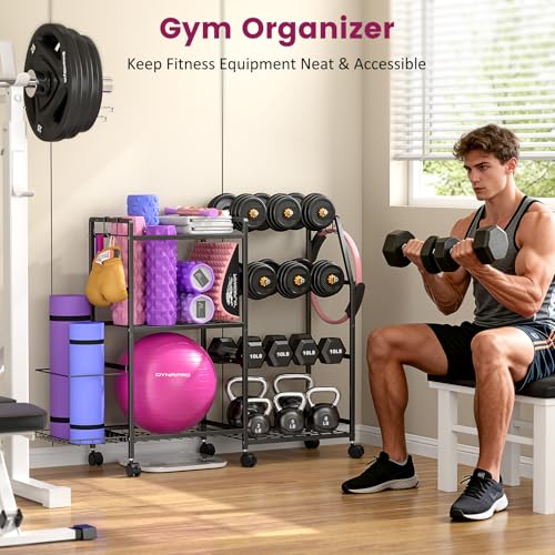 3IngSeagulls Dumbbell Rack, Weight Rack for Home Gym, Yoga Mat Storage Rack, Exercise Equipment Storage with Wheels and Hooks, Home Gym Equipment Organizer for Kettlebells - Image 4