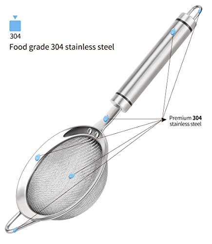 AOWOTO 3.35inch 304 Stainless Steel Fine Mesh Strainers for Kitchen, Colander-Skimmer with Handle, Metal Sieve Sifters for Food, Rice, Oil, Noodles, Fruits, Vegetable, Tea Strainer - Image 2