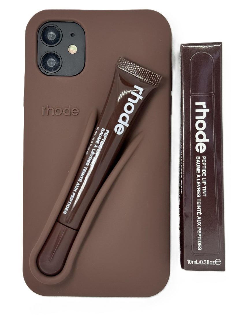 rhode Silicone Lipstick Holder Case for iPhone 12/12pro, Built-in Lip Balm & Lipstick Slot, Shockproof Slim Cover with Camera Protection, Soft Grip (Rich Brown) - Image 1