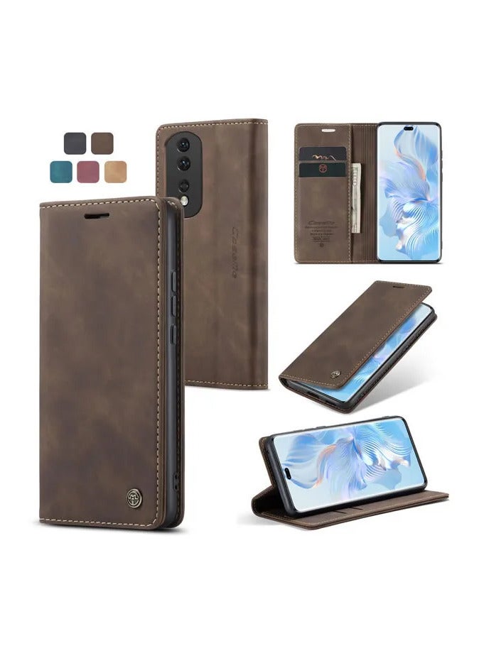 CaseMe Honor 80 pro Wallet Case Book Folding Flip Folio Case with Magnetic Kickstand Card Slots Protective Cover - Coffee - Image 1