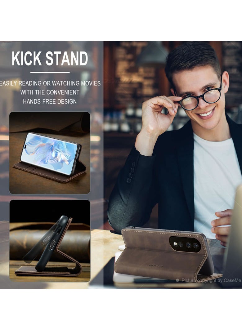 CaseMe Honor 80 pro Wallet Case Book Folding Flip Folio Case with Magnetic Kickstand Card Slots Protective Cover - Coffee - Image 2