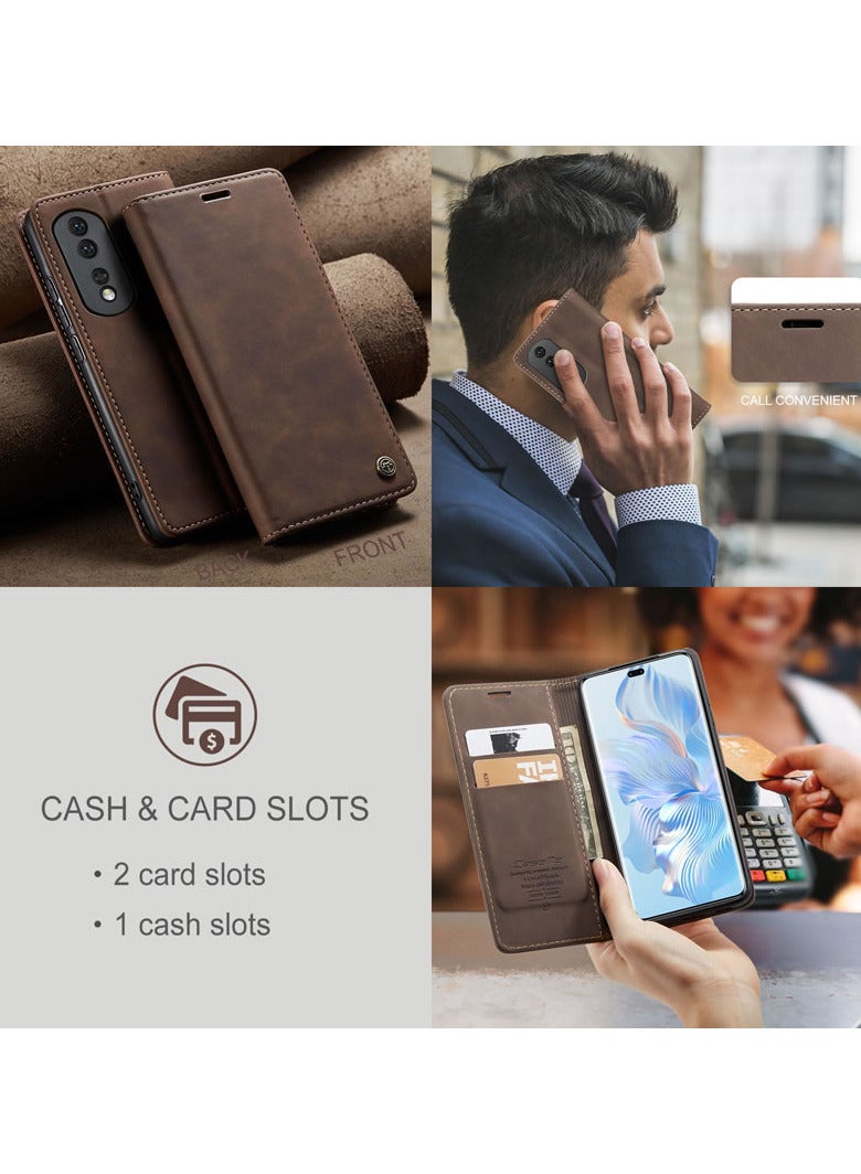 CaseMe Honor 80 pro Wallet Case Book Folding Flip Folio Case with Magnetic Kickstand Card Slots Protective Cover - Coffee - Image 3