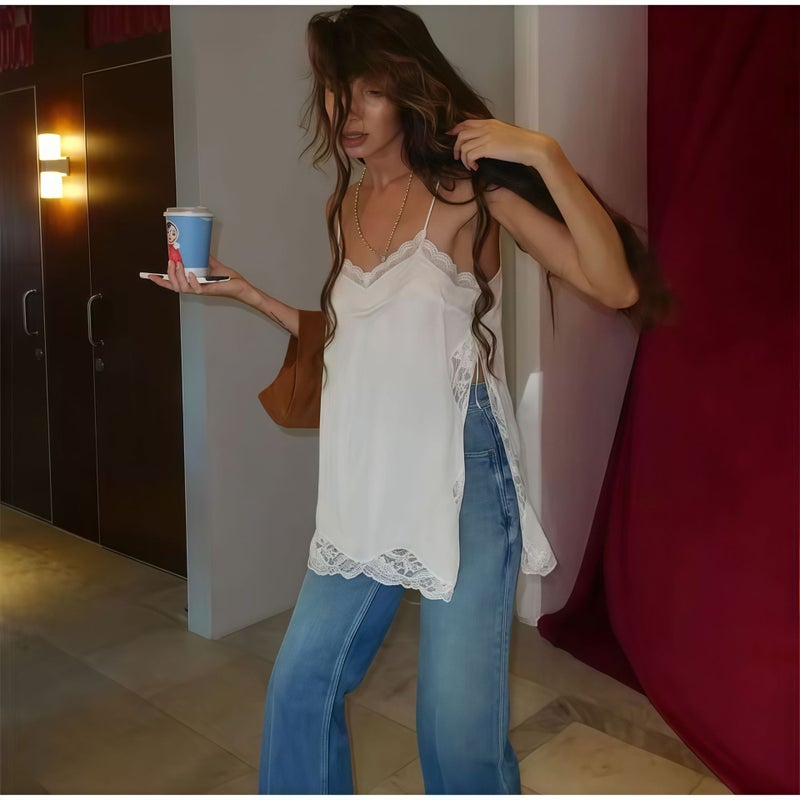 2025 New French Style Lace Trim Camisole Top for Women, Sheer Sexy Sleeveless Vest with Split Design, Solid Color Long Length, Available in Apricot and White, S- XL