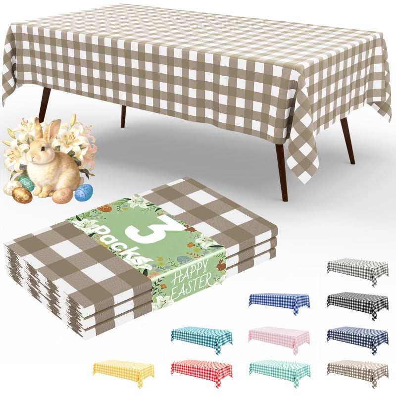 misaya 3 Packs Buffalo Disposable Table Cloth, 54 x 108 Inch Waterproof Plastic Tablecloth, Rectangle Khaki and White Checkered Table Covers for Picnic, Birthday, Party, Easter - Image 1