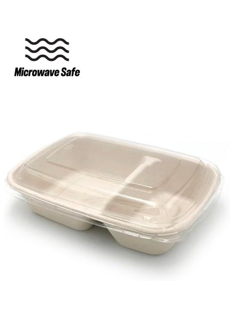 Halapack 20 Pcs Biodegradable Bagasse Box 2Compartment 900ml / 30oz with Hinged Lid Heavy Duty Easily Compostable Food Container Disposable Takeout Food Containers Natural Easily