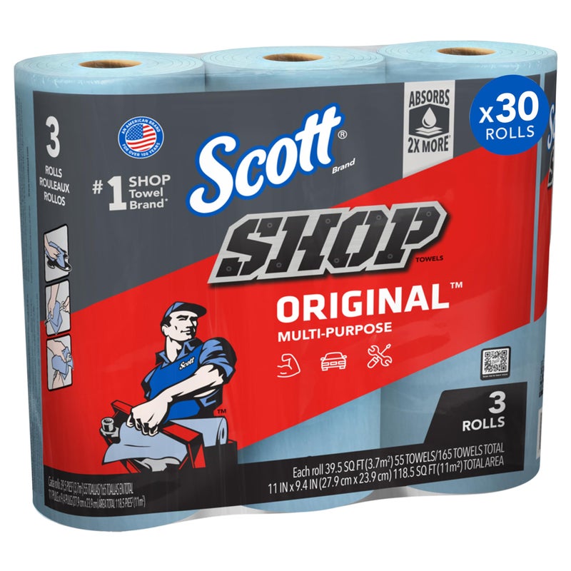 Scott Shop Original (75143), Original Blue Shop Towels, 9.4"x11" sheets, 10 Packs of 3 Rolls (55 Towels/Roll, 30 Rolls/Case, 1,650 Towels/Case) - Image 1