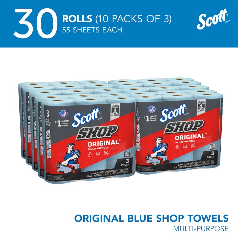 Scott Shop Original (75143), Original Blue Shop Towels, 9.4"x11" sheets, 10 Packs of 3 Rolls (55 Towels/Roll, 30 Rolls/Case, 1,650 Towels/Case) - Image 2