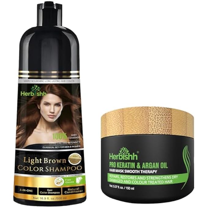 Herbishh HAIR COLOR SHAMPOO FOR GREY HAIR 500ML + ARGAN HAIR MASK FOR DRY OR DAMAGED HAIR | HAIR DYE | COVER GREY HAIR FOR MEN AND WOMEN (LIGHT BROWN) - Image 1