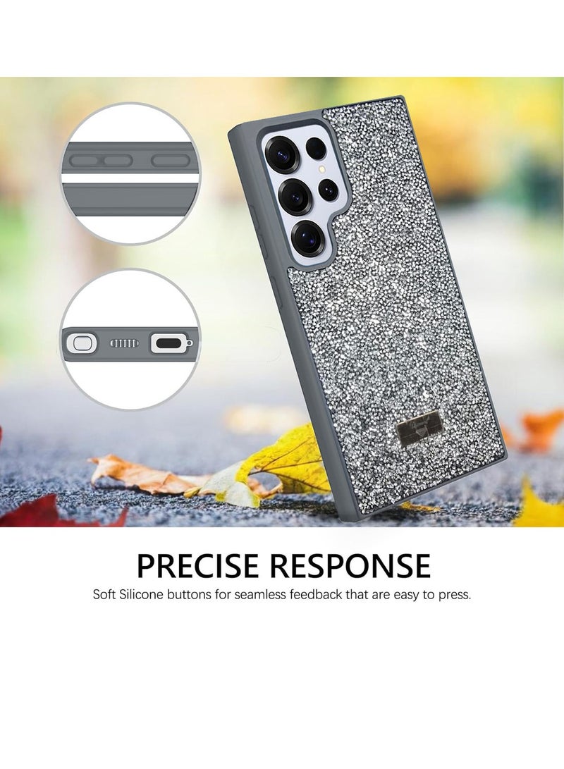 Techie غطاء خلفي أنيق فاخر مزين بالألماس والخرز لهاتف سامسونج جالاكسي S24 ألترا - رمادي - Image 2