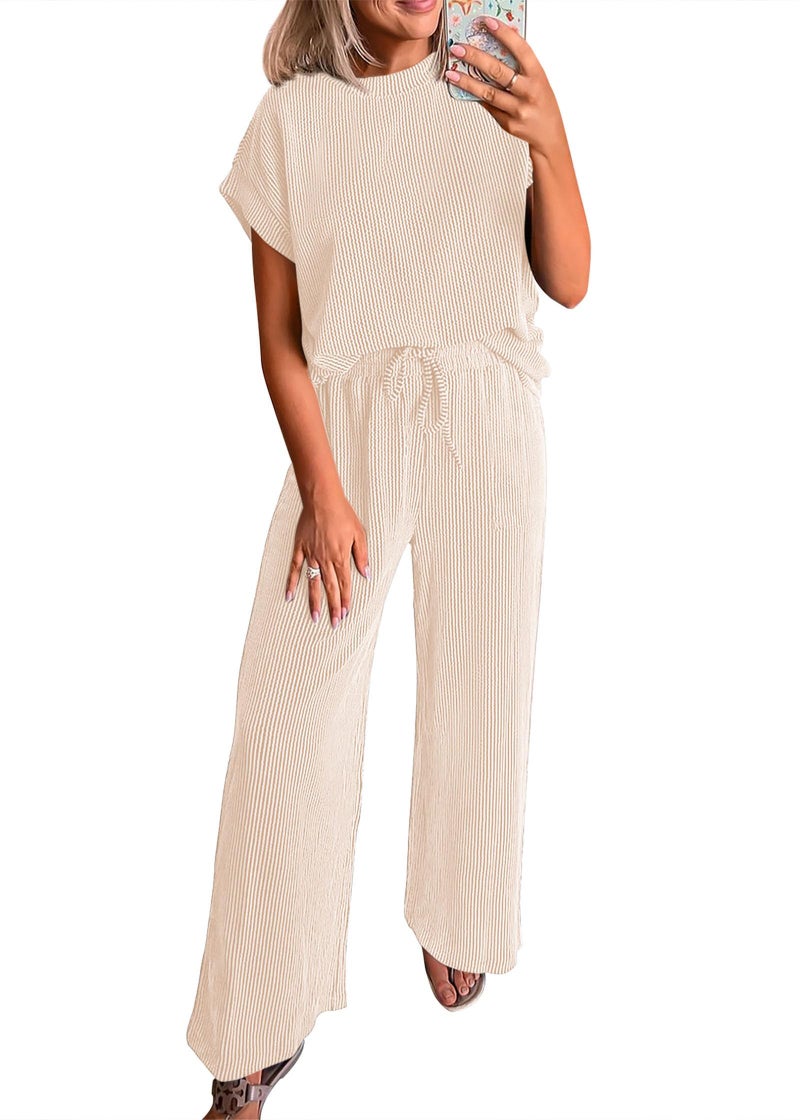 KIRUNDO 2 Piece Sets for Women Dressy Casual Ribbed Knit Short Sleeve Tops Wide Leg Pants Lounge Set Travel Airport Outfits(Apricot, Small) - Image 1