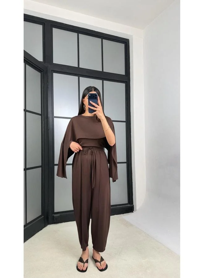 جاوس قبة القهوة المرة بلوزة مفصلة مع سترة، وبنطلون بخصر مرن وتصميم مزدوج، طقم مودال GAUS‑01499.