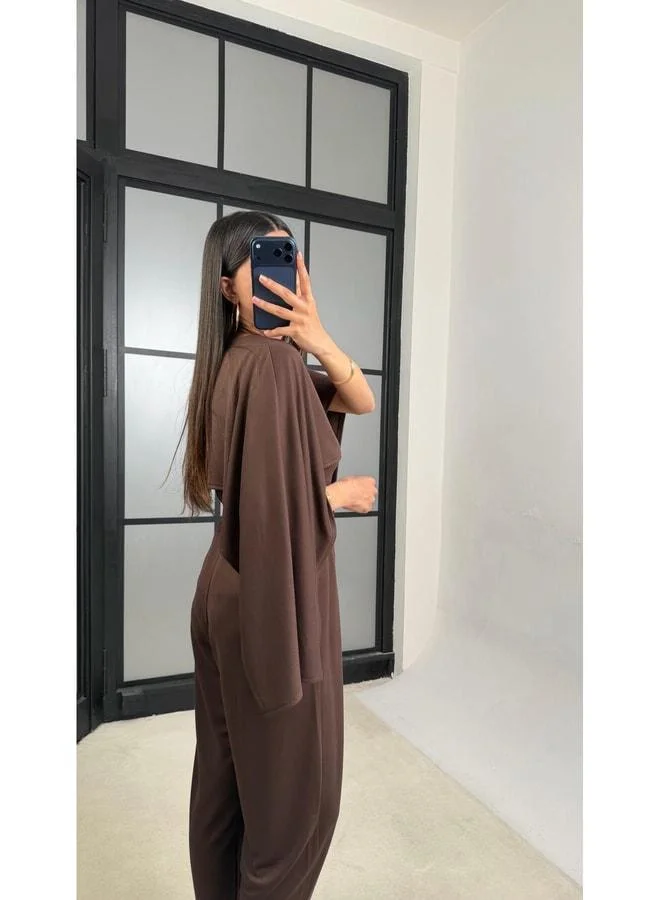 جاوس قبة القهوة المرة بلوزة مفصلة مع سترة، وبنطلون بخصر مرن وتصميم مزدوج، طقم مودال GAUS‑01499.