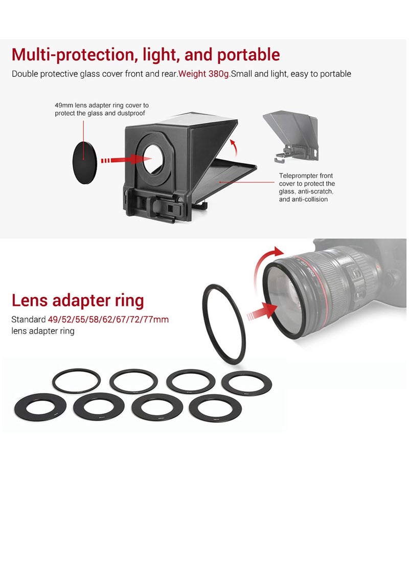 Smartphone/Tablet/DSLR Camera Teleprompter Prompter with Remote Control Lens Adapters Cleaning Cloth Supports Wide Angle Lens for Stage Speech Live Streaming Online Video Vlog