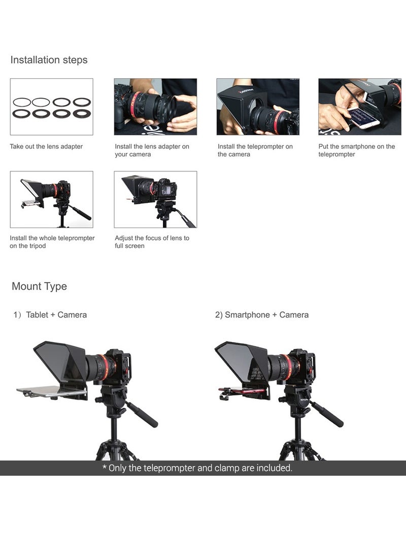 Smartphone/Tablet/DSLR Camera Teleprompter Prompter with Remote Control Lens Adapters Cleaning Cloth Supports Wide Angle Lens for Stage Speech Live Streaming Online Video Vlog