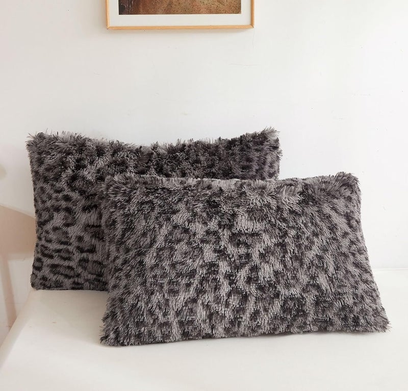 XeGe Cheetah Print Faux Fur Fluffy Pillowcases, Plush Shaggy Soft Long Pillow Covers, Fuzzy Decorative Leopard Print Pillow Cases, Furry Pillow Shams for Bed Zipper, Set of 2(Standard, Light Grey) - Image 1