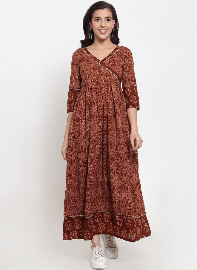 Indibelle Women Brown Printed Maxi Dress with V-Neck and Three-Quarter Sleeves - Image 1