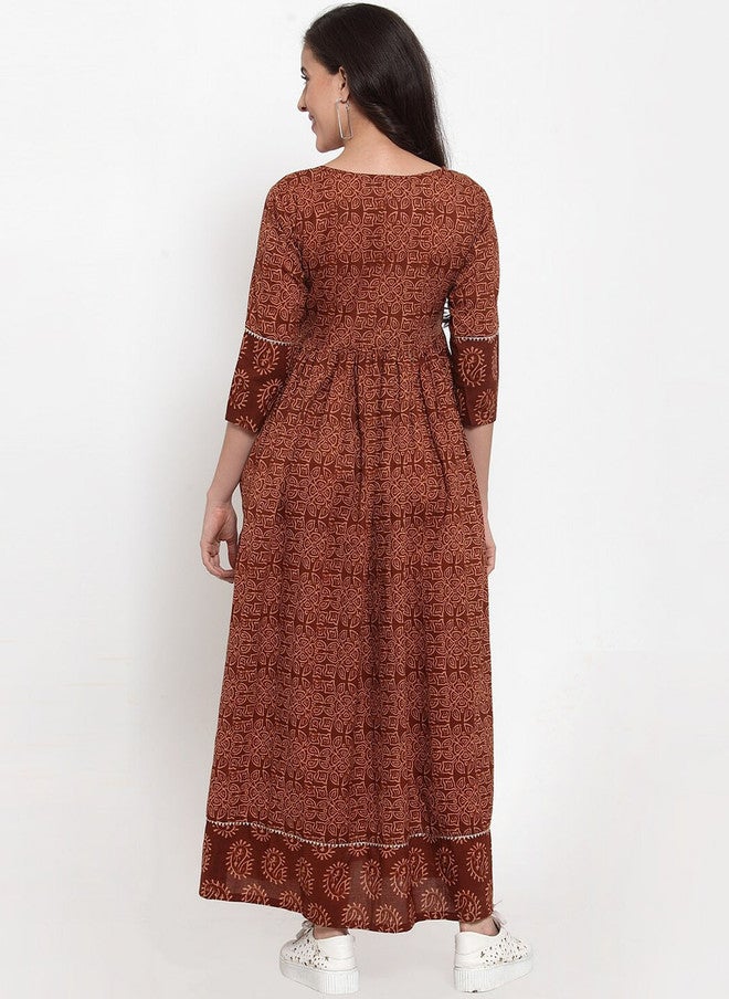 Indibelle Women Brown Printed Maxi Dress with V-Neck and Three-Quarter Sleeves - Image 4