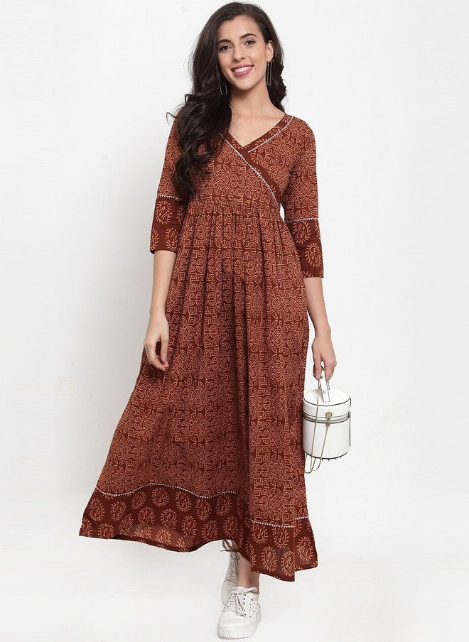 Indibelle Women Brown Printed Maxi Dress with V-Neck and Three-Quarter Sleeves - Image 5