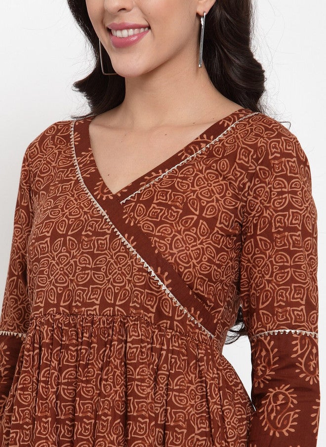 Indibelle Women Brown Printed Maxi Dress with V-Neck and Three-Quarter Sleeves - Image 2
