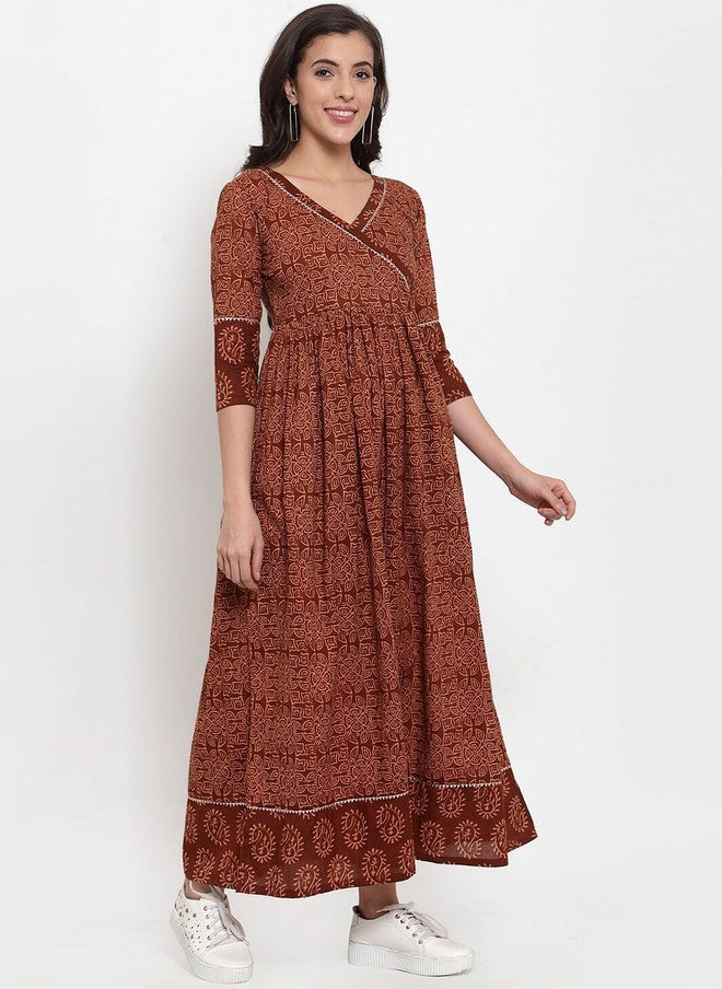 Indibelle Women Brown Printed Maxi Dress with V-Neck and Three-Quarter Sleeves - Image 3