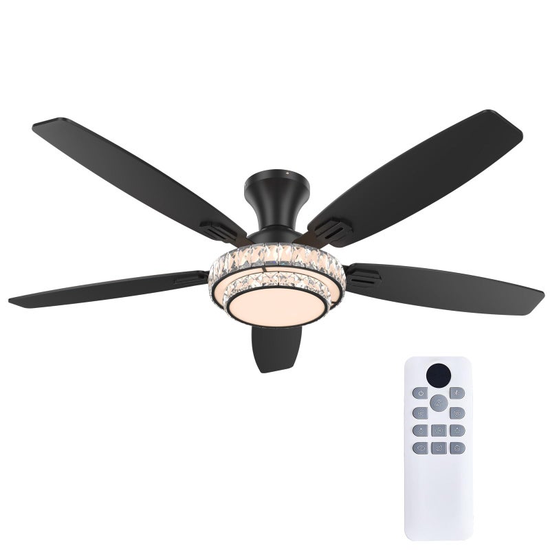 Fanyank Ceiling Fans with Lights-Crystal Ceiling Fan,52" Low Profile and Remote Control, Flush Mount, Reversible, 3CCT, Dimmable, Noiseless, Black Ceiling Fan for Bedroom - Image 1