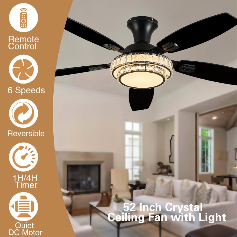 Fanyank Ceiling Fans with Lights-Crystal Ceiling Fan,52" Low Profile and Remote Control, Flush Mount, Reversible, 3CCT, Dimmable, Noiseless, Black Ceiling Fan for Bedroom - Image 4