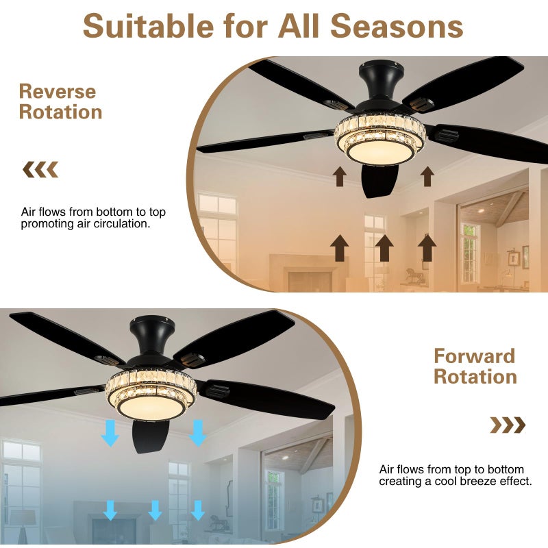 Fanyank Ceiling Fans with Lights-Crystal Ceiling Fan,52" Low Profile and Remote Control, Flush Mount, Reversible, 3CCT, Dimmable, Noiseless, Black Ceiling Fan for Bedroom - Image 3