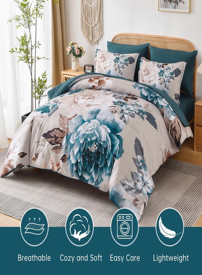 Dintszyayue Queen Comforter Set Aqua 7 Pieces Bed in a Bag, Floral Bedding Sets Elegant Flower Bed Set Lightweight Comforter for All Season with Flat Sheet, Fitted Sheets, Pillowcases & Shams - Image 2