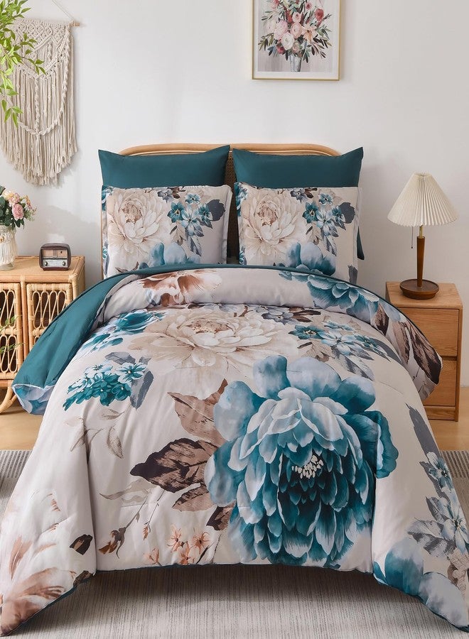 Dintszyayue Queen Comforter Set Aqua 7 Pieces Bed in a Bag, Floral Bedding Sets Elegant Flower Bed Set Lightweight Comforter for All Season with Flat Sheet, Fitted Sheets, Pillowcases & Shams - Image 1