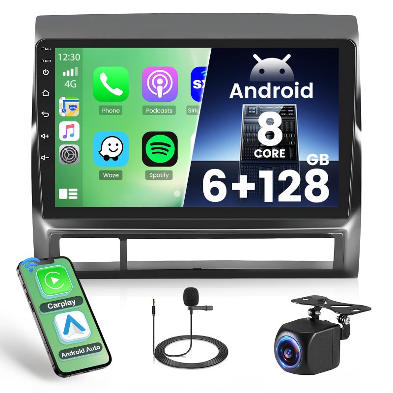 Hikity [8-Core 6+128GB] Hikity Android 15 Car Stereo for 2005-2013 Toyota Tacoma Upgrate Dash Kit with Wireless Carplay, 9'' Touch Screen, Android Auto/32EQ DSP/Bluetooth 5.0/GPS/WiFi/SWC, Backup Camera - Image 1