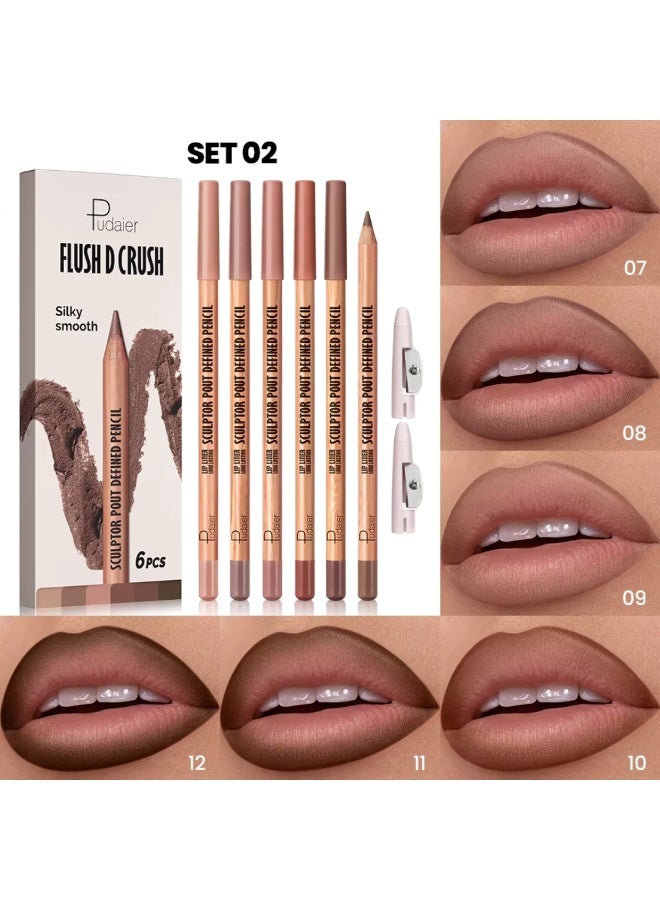 pudaier 6 Colors Flush D Crush Sculptor Pout Defined Lip Liner Pencil Lippie Pencil Matte Waterproof Long Lasting Lipstick Contour Makeup Set Full Color One Stroke Define Lip Liner Set 02 - Image 2
