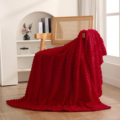 Puncuntex Red Throw Blanket 50"×60" inches Gifts for Mom Fuzzy 3D Jacquard Decorative Flannel Fleece Super Soft Plush Cozy Blanket for Couch Sofa Chair Lightweight - Image 1