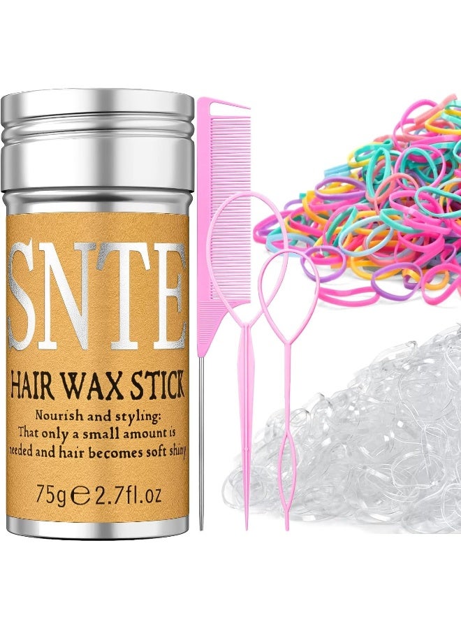 Samnyte عصا شمع الشعر وملحقات التصفيف - تنعيم الشعر المتطاير للأطفال والنساء، 1000 رباط شعر مرن، 1 فرشاة لتسريح الشعر، 2 أداة لتصفيف الشعر - تخلق ذيولًا وضفائر لهدايا الفتيات المراهقات - Image 1