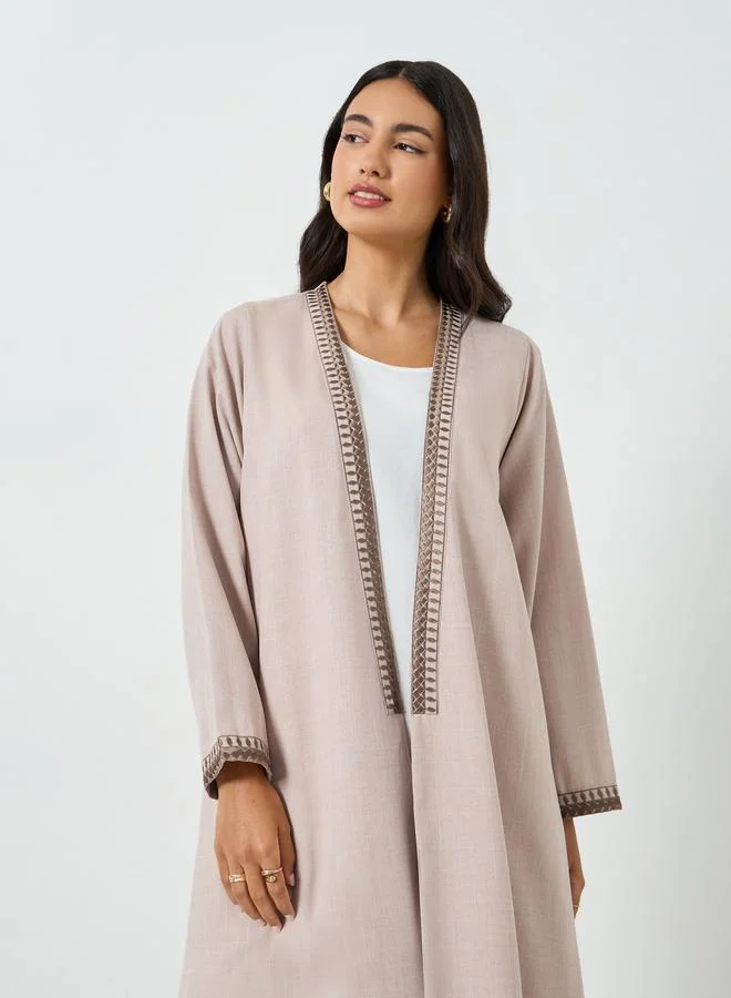 Amirah Beige Embroidered Open Front Abaya