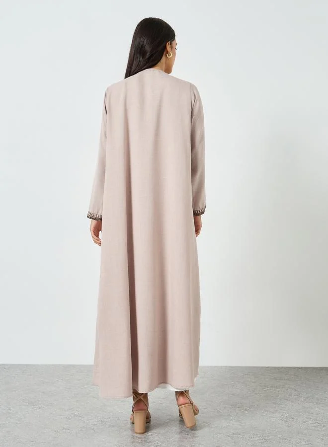 Amirah Beige Embroidered Open Front Abaya