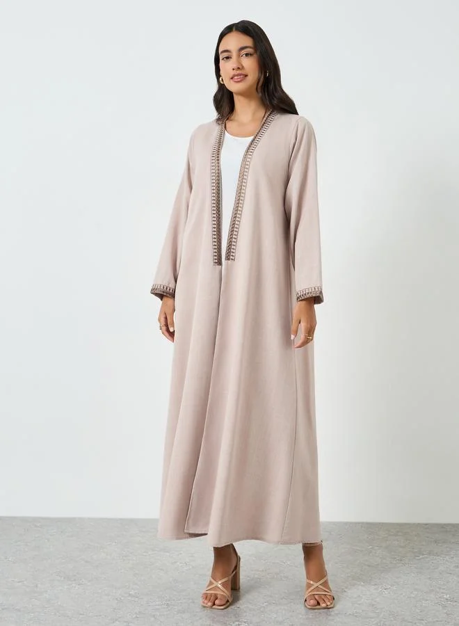 Amirah Beige Embroidered Open Front Abaya
