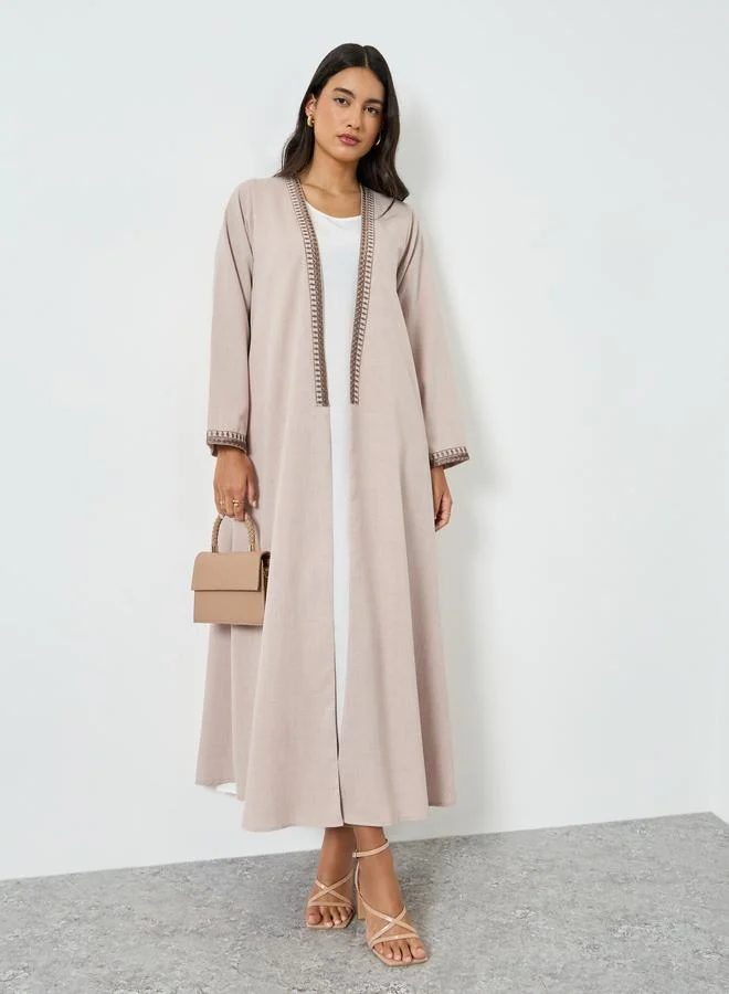 Amirah Beige Embroidered Open Front Abaya