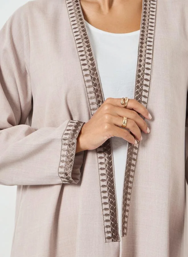 Amirah Beige Embroidered Open Front Abaya