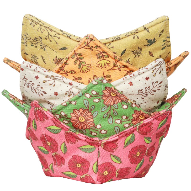 ROGITU Cotton Microwavable Bowl Cozy, Microwave-Safe Hot Bowl Holders, Soup bowl Cozy Hot Pads (Retro Flower) - Image 1
