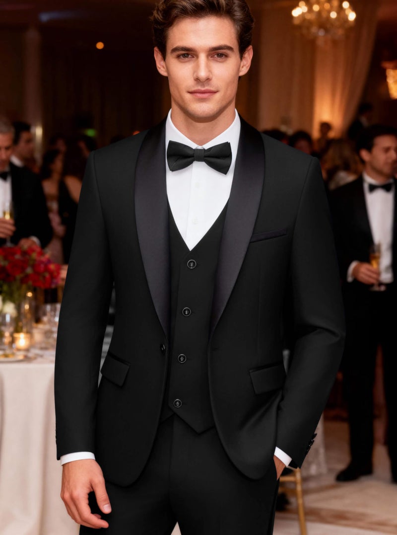 WULFUL Men's 3 Piece Suits Slim Fit Tuxedo Suit Set One Button Shawl Lapel Blazer Jacket Vest Pants Set for Prom, Business Black - Image 2