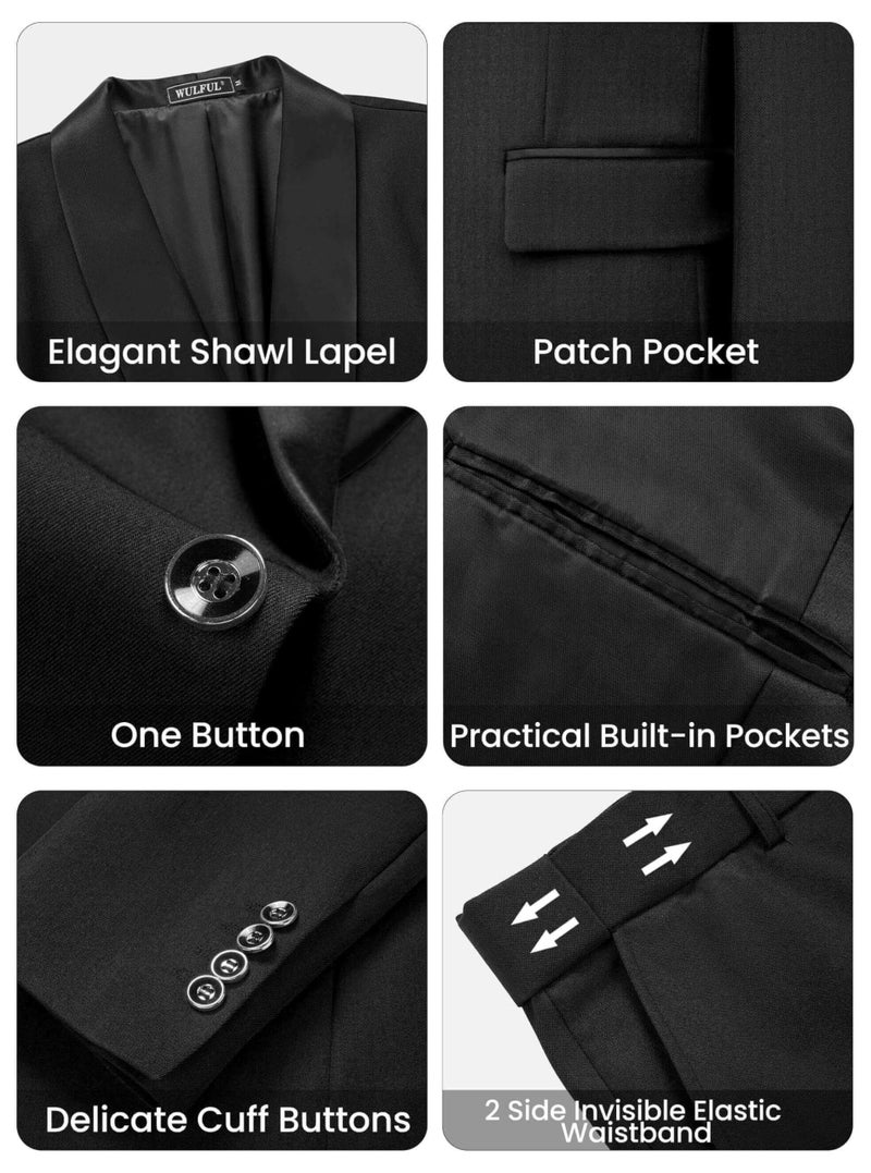 WULFUL Men's 3 Piece Suits Slim Fit Tuxedo Suit Set One Button Shawl Lapel Blazer Jacket Vest Pants Set for Prom, Business Black - Image 5