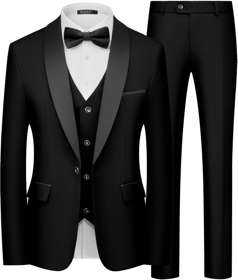 WULFUL Men's 3 Piece Suits Slim Fit Tuxedo Suit Set One Button Shawl Lapel Blazer Jacket Vest Pants Set for Prom, Business Black - Image 1
