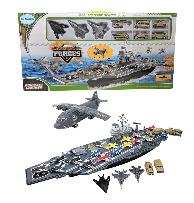 Toy Essentials Aircraft Carrier Toy Army Men with Cargo Plane Warplanes Fighter Jets Military Vehicles - Image 2