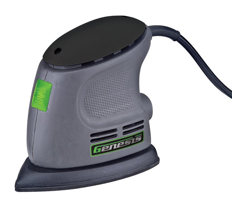 Genesis Detail Palm Sander with Palm Grip Vacuum Port HookandLoop System DustProof Power Switch and Sandpaper GPS080