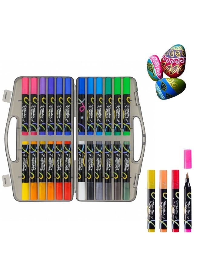 فيو 24 لونًا من أقلام التحديد اللامعة والطلاء الأكريليكي المعدني ورأس الفرشاة للرسم على الصخور والورق الأسود والخشب والقماش والحجر والزجاج والسيراميك والحرف اليدوية وسجلات القصاصات وصناعة البطاقات وألبومات الصور والمدرسة والمكتب ولوازم الفن ومجموعة هدايا للأطفال والكبار والفنانين والمبتدئين - Image 1