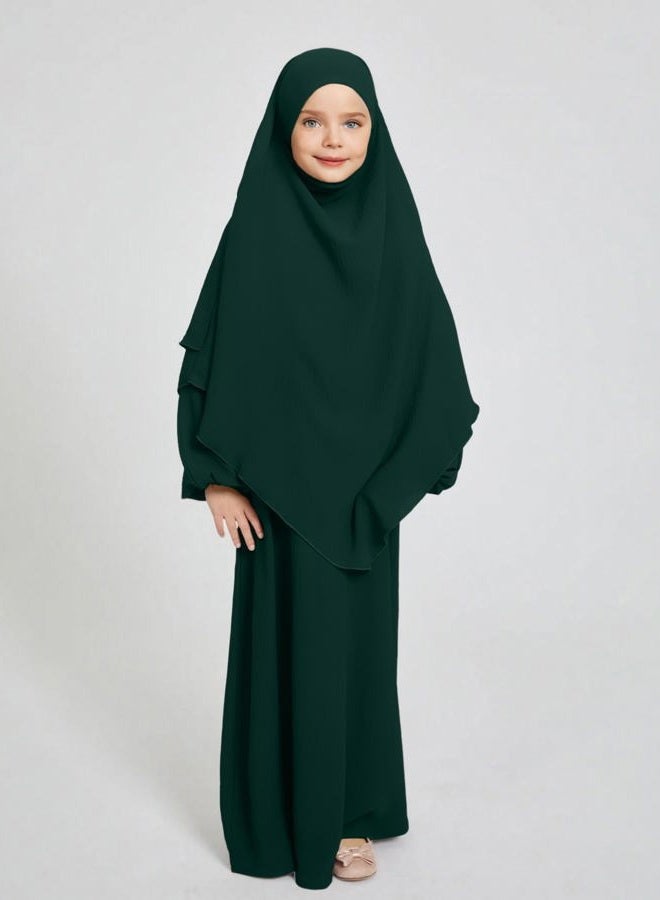 ODIZLI Kids Girls Ramadan Abaya Muslim Long Sleeve Hijab Chiffon Dress Dubai Kaftan with Pockets, Dark Green, 11-12 years - Image 2